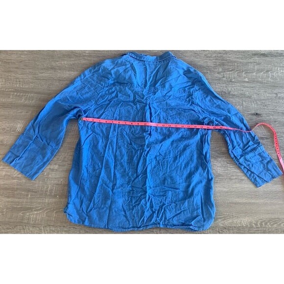 Saint Tropez West Linen Blend Button Up Top Woman Sz XL Blue Long Sleeve Collar - Picture 2 of 6